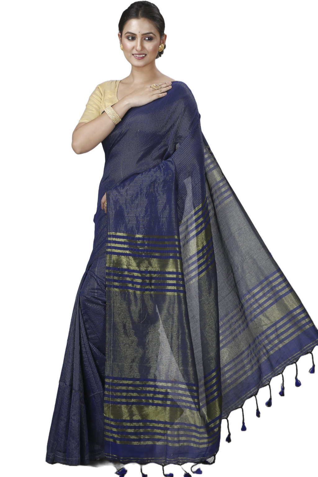 Dark Blue Blended Cotton Tama Hand Loom Saree (1201)
